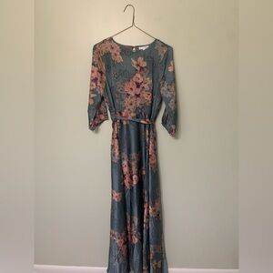 Baltic Born — NWT long silky blue floral dress with sash and 3/4 sleeves